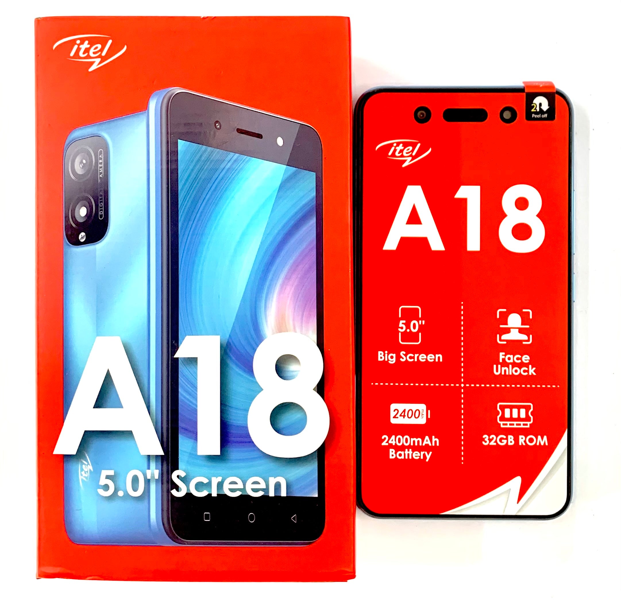 Packaging box of itel A18 smartphone displaying the image of the phone and its features such as 5.0" screen, face unlock, big screen, and 32GB ROM.